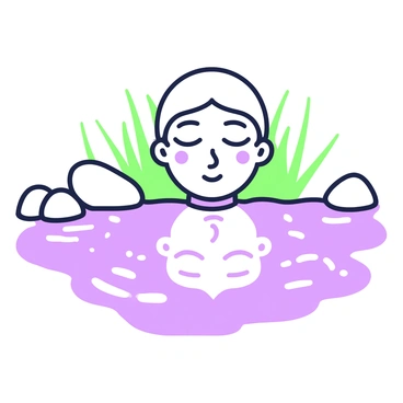 A human face is reflected in a rippling water surface. The water has gentle waves, creating a distorted image of the face. The features include closed eyes and a peaceful expression. Surrounding the water, there are smooth stones and patches of grass, enhancing the natural setting. The reflection captures the subtle movements of the water, adding a dynamic quality to the scene.