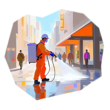 A sanitation worker in a bright orange uniform is actively spraying disinfectant in a busy urban area. The worker is wearing a protective mask and gloves, focusing on cleaning the sidewalk as pedestrians walk nearby. Tall buildings and shops line the street, with a few people wearing masks and keeping a distance. The sun is shining, illuminating the scene and highlighting the worker's diligent efforts in maintaining cleanliness amidst the bustling city environment.