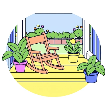 A sunny porch with a light yellow wooden floor. In the center, there is a classic wooden rocking chair with a natural finish. On either side of the chair, there are several potted plants with vibrant green leaves, some with colorful flowers peeking out. In the background, there is a view of a tranquil garden with neatly arranged flower beds and lush greenery. The sunlight casts gentle shadows on the porch floor.