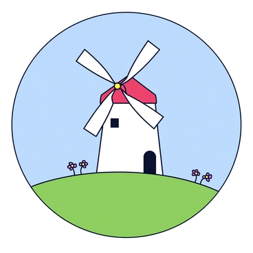 A simple round frame encircles a classic windmill with four large blades. The windmill is white with a red roof, standing tall on a gently sloping grassy hill. The hill is covered in vibrant green grass, with a few wildflowers scattered around its base. The sky above is clear and blue, creating a bright and cheerful atmosphere.