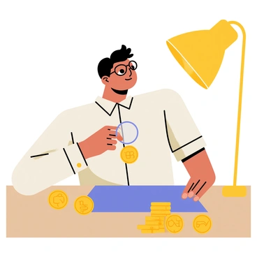 A coin collector examining a rare coin with a loupe under a lamp