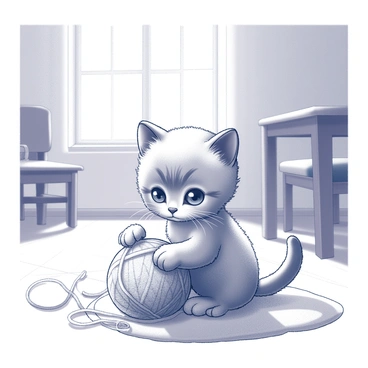 A small, fluffy kitten with soft fur is actively playing with a ball of yarn. The kitten has large, expressive eyes focused on the yarn, which is partially unraveled and scattered around. Sunlight streams through the window, casting gentle shadows on the floor. The room contains a few pieces of furniture, including a wooden chair and a small table. There are subtle hints of a cozy atmosphere, with a soft rug under the kitten.