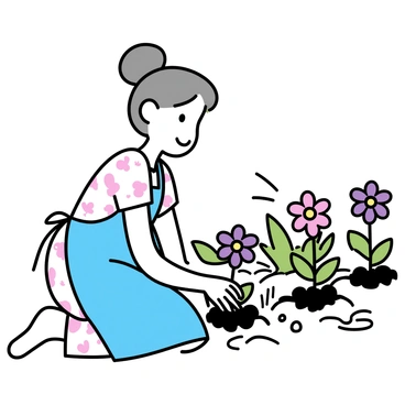 A grandmother tending to her garden, surrounded by blooming aster flowers