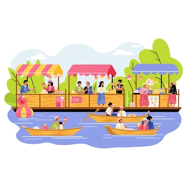 A vibrant floating market set on a serene body of water. The market features a variety of colorful stalls made of wood and canvas, adorned with intricate designs. Each stall displays an array of goods such as fresh fruits, handmade crafts, and exotic spices. Lively vendors are interacting with customers, wearing traditional clothing with vivid patterns. Small boats, some decorated with lanterns, are gently bobbing in the water, while cheerful customers browse the stalls. In the background, lush greenery and a clear blue sky enhance the lively atmosphere of the market.