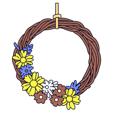 A rustic door wreath made of intertwined dried flowers. The wreath features an assortment of yellow and brown dried flowers, including small sunflowers and lavender, woven together. The base of the wreath is a thick, natural vine that adds texture. The flowers are arranged in a circular pattern, creating a balanced and pleasing appearance. The wreath is hung on a wooden door with a simple twine loop at the top.
