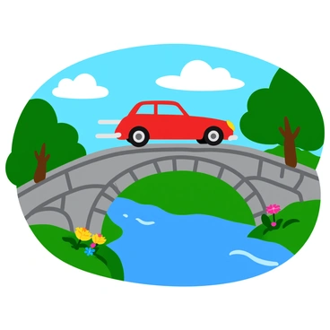 A car crossing an old stone bridge over a serene river