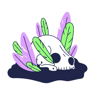 A dog skull is positioned on a dark surface, showcasing intricate details in the bone structure. Surrounding the skull are feathers in various sizes, arranged so that they protrude from the eye sockets and the nasal cavity. The feathers have distinct shapes and patterns, adding texture and dimension to the composition. The skull rests on a bed of soft, dark material that contrasts with its hard, bony surface. The overall scene is carefully arranged to highlight the unique combination of the skull and the decorative feathers.