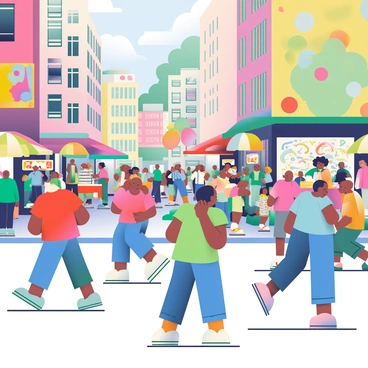 A bustling urban street set with street vendors, colorful graffiti, and pedestrians rushing by