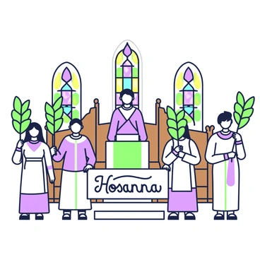 A group of parishioners is gathered inside a church during a Palm Sunday service. Each person is holding a palm frond, displaying them prominently as they stand together. The individuals are dressed in a variety of traditional outfits, with some wearing light-colored clothing suitable for the occasion. In the background, there are wooden pews lined up and stained glass windows that cast colorful light into the space. A pulpit is visible at the front, and a banner with the words "Hosanna" in a flowing script is draped beside it. The atmosphere conveys a sense of community and celebration.