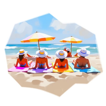A group of sunbathers lounging on colorful towels spread out on a sandy beach. Each person is wearing wide-brimmed hats to provide shade from the sun. The towels are arranged in a casual manner, with some sunbathers reclining and others sitting up, enjoying the warmth of the day. The sunbathers are dressed in various swimsuits in bright colors and patterns. In the background, there are gentle waves lapping at the shore, and a clear blue sky overhead. A few beach umbrellas are dotted around the scene, adding to the relaxed atmosphere.