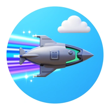 A futuristic robot designed with sleek metallic surfaces and glowing accents is flying through a clear blue sky. The robot features aerodynamic lines and intricate circuitry visible on its body. It is leaving behind a vibrant trail of "sonic boom energy" that sparkles and glows in shades of blue and purple, creating a dynamic visual effect. The background showcases a few fluffy white clouds, emphasizing the height and speed of the robot.