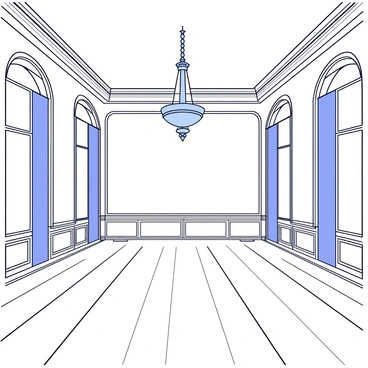 An elegant ballroom with polished wooden floors and tall, arched windows. The room features intricate moldings along the walls and a high ceiling. A large crystal chandelier hangs from the center, casting soft light throughout the space. The atmosphere is calm and spacious, with no furniture present.