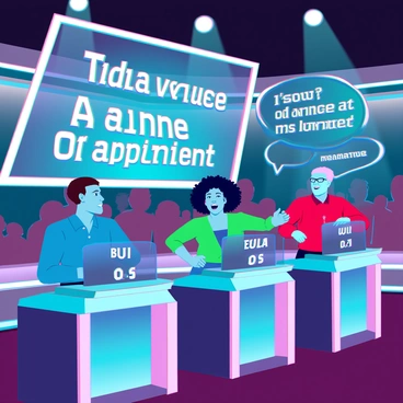 A brightly lit television studio filled with colorful lights and large screens displaying trivia questions. Three contestants are seated at individual buzzing stations, each with a unique design. One contestant, a man with short brown hair wearing a blue shirt, is intently focused on the screen while his hand hovers over the buzzer. Another contestant, a woman with curly black hair wearing a green blouse, looks excited as she prepares to buzz in. The third contestant, an older man with glasses and a red shirt, smiles confidently, waiting for the next question to be revealed. The audience in the background includes people cheering and holding signs, creating a lively atmosphere. The game show's logo is prominently displayed in the center.