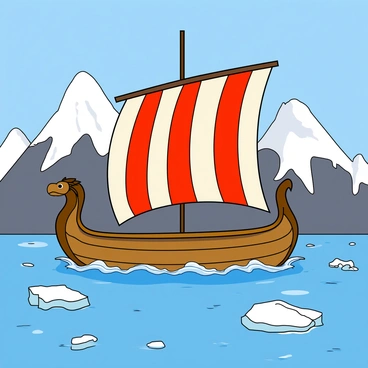 A Viking longship with a wooden hull and a dragon-shaped prow is gliding through icy blue waters. The ship features a large rectangular sail with bold red and white stripes, billowing as it catches the wind. Around the ship, chunks of floating ice are scattered in the water, reflecting sunlight. In the background, towering snow-capped mountains rise majestically against a clear blue sky, their peaks glistening in the light. The scene captures the essence of adventure and exploration in a cold, rugged landscape.