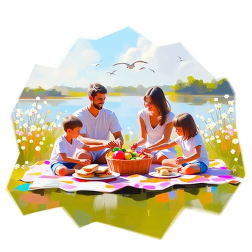 A family of four is seated on a vibrant picnic blanket spread across the lush green grass along the banks of a delta. The parents, a man with dark hair and a woman with light brown hair, are smiling as they enjoy their meal together. Two children, a boy and a girl, are playfully reaching for sandwiches and fruits laid out on a wicker basket. The delta water glimmers under the sunlight, and a few birds can be seen soaring overhead. Surrounding them are wildflowers and tall grass, creating a lively, peaceful atmosphere.