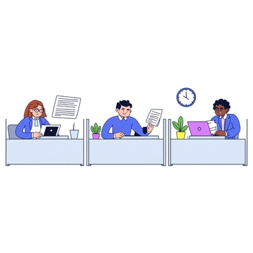 A row of office cubicles arranged in a straight line. Each cubicle is enclosed by light gray dividers. Inside the first cubicle, a woman with brown hair is sitting at a desk, typing on a laptop. In the second cubicle, a man with glasses is reviewing documents spread out on his desk. The third cubicle features a person with curly hair making notes on a notepad. Each cubicle has a small potted plant on the desk, and there is a wall clock in the background showing the time.