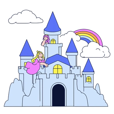 A large enchanted castle with tall, pointed towers and intricate stonework. The castle is surrounded by fluffy, white floating clouds that gently drift in the sky. A vibrant rainbow arches across the scene, stretching from one side of the image to the other. In one of the castle's higher towers, a princess with long flowing hair is leaning out of a window, gazing thoughtfully into the distance. She is wearing a beautiful gown with a flowing skirt that gently sways in the breeze.