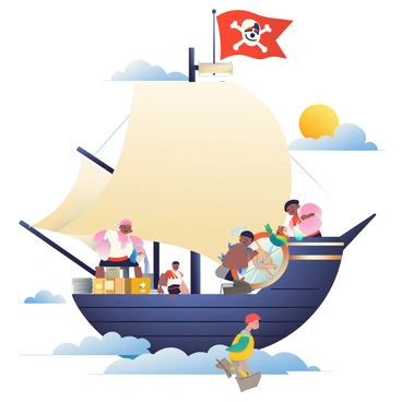 A large airship with a pirate theme is floating in the sky, with its sails billowing in the wind. The ship is adorned with dark wood accents and has a large Jolly Roger flag flying from the mast. Several crew members with various skin tones are busy on deck. One crew member is adjusting the sails, while another is checking a large compass. A third crew member is tying down supplies in preparation for the journey, and a parrot with vibrant plumage is perched on the shoulder of one of the sailors. The background features fluffy clouds, and the sun is casting warm light over the scene.