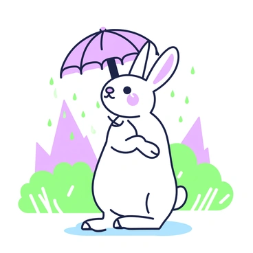 A hare is standing on its hind legs, holding a tiny umbrella above its head to shield itself from the gentle rain. The hare has long ears and fluffy fur, with a slight expression of curiosity on its face. Raindrops are falling around it, creating small splashes on the ground. The background features a few green blades of grass and soft, rounded bushes. In the distance, there are light outlines of trees, adding depth to the scene. The overall composition captures the playful moment of the hare as it enjoys the soft rainfall.