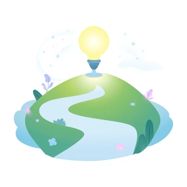 A bright lamp is positioned on top of a grassy hill. The lamp emits a warm glow, casting light down the winding path that leads through the landscape. Surrounding the hill are small shrubs and wildflowers, softly illuminated by the lamp's light. A clear night sky is visible above, filled with stars. The contrast between the bright light from the lamp and the darker surroundings creates a sense of depth in the scene.