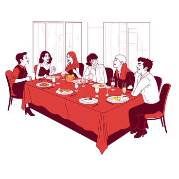 A white dining room is set for a dinner party, with a long table covered in a red tablecloth. Plates of food and glasses of sparkling drinks are placed neatly at each setting. The guests, dressed in elegant attire, are engaged in cheerful conversation and laughter, creating a lively atmosphere. One person sits at the end of the table, wearing a thoughtful expression, observing the interactions quietly. The contrast between the joyful guests and the solitary figure adds depth to the scene. Warm light illuminates the room, enhancing the details of the elegant dinnerware and the happy expressions of the guests.