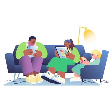 A family of three is gathered in a cozy living room, each engaged with different generations of technology gadgets. The father, with short black hair and glasses, is sitting on a dark blue sofa, holding a sleek modern smartphone in his hand and looking intently at the screen. The mother, with long brown hair tied in a ponytail, is sitting on a nearby armchair, using a classic tablet, focused on reading a digital magazine. On the floor, their young daughter, with curly blonde hair, is playing with a vintage handheld gaming console, smiling as she navigates the colorful screen. Surrounding them are scattered tech accessories, such as charging cables and headphones, highlighting the contrast in their devices. Soft light from a nearby lamp casts a warm glow over the scene, creating a welcoming atmosphere.