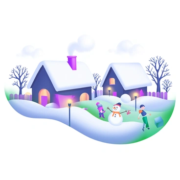 A quaint village blanketed in snow, with rooftops covered like a mantle of white. Each house has a chimney emitting gentle wisps of smoke into the crisp air. The ground is thickly coated in fresh snow, with soft drifts accumulated against fences. Bare trees stand adorned in white, their branches heavy and drooping. Scattered, glowing street lamps provide a warm light, illuminating the peaceful scene. A snowman, complete with a carrot nose and a scarf, stands in a cozy yard, while children can be seen joyfully playing, their cheeks flushed from the cold.