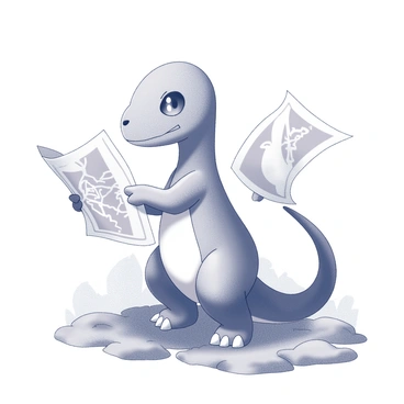 A small, bipedal creature resembling a dinosaur with a long tail, known as "Charmander," is standing upright. It holds a treasure map in one of its hands, which is opened and seems to display various paths and markings. Charmander's expression is focused and determined, with its eyes fixed straight ahead. The ground around it is rocky, suggesting a rugged terrain. In the background, there are hints of forest and mountains, indicating the start of an adventurous journey.