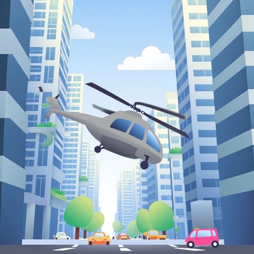 An NH90 helicopter with a grey exterior is flying between tall skyscrapers in a modern city. The helicopter's rotors are in motion, creating a sense of speed as it navigates through the narrow space between the buildings. The skyscrapers are made of glass and steel, reflecting sunlight and showcasing various architectural designs. Some buildings have green terraces, adding a touch of nature to the urban environment. Below, a busy street is visible with vehicles and pedestrians, giving a dynamic feel to the scene. The sky above is a clear blue, with a few fluffy white clouds scattered across.
