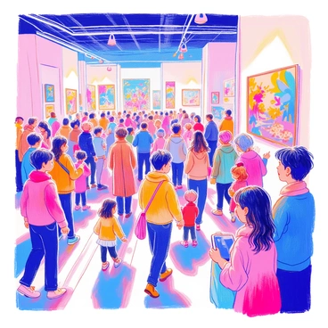 A bustling illustration exhibition hall is filled with a diverse group of attendees. People of various ages are walking around, some are pointing at the artwork on display while others are engaged in conversation. There are large, colorful illustrations hanging on the walls, showcasing various themes and styles. In one corner, a group of children is excitedly discussing a vibrant mural. Several attendees are taking photographs of the artwork, while others are jotting down notes. The atmosphere is lively, with a variety of expressions of curiosity and admiration on the faces of the attendees.