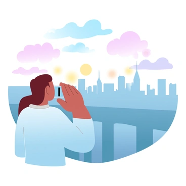 A tourist is standing on the observation deck of a skyscraper. The tourist is holding a viewfinder up to their eyes, focused on the expansive city skyline. Below, the city stretches out with a variety of buildings, some tall and modern, while others are more traditional. The sky above is filled with gradient pastel colors, blending soft pinks, blues, and yellows as the sun begins to set. The distant horizon features a silhouette of more skyscrapers, and a few clouds reflect the warm hues of dusk.