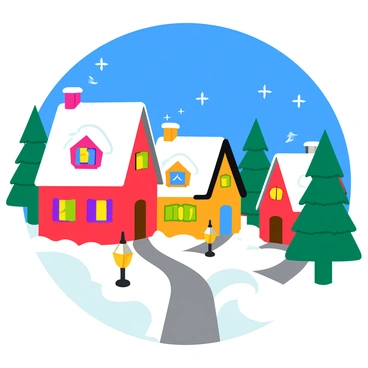 A quaint winter village blanketed in white snow. The rooftops of the charming houses are topped with thick layers of snow, creating a cozy appearance. Each house features colorful window shutters and smoke gently rising from the chimneys, indicating warmth inside. Glowing streetlights line the cobblestone paths, casting a warm, inviting light that contrasts with the cool blues of the evening sky. Pine trees dusted with snow stand tall in the village, adding to the picturesque scene. Small snowflakes can be seen gently falling from the sky, enhancing the wintery atmosphere.