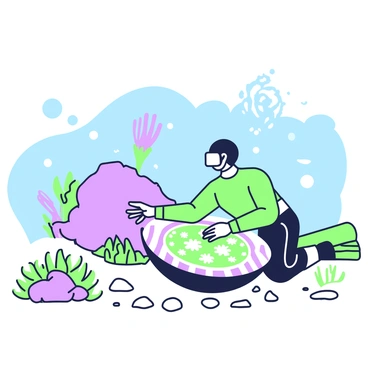 A diver is underwater, gently touching a giant clam that is resting on the ocean floor. The diver is wearing a wetsuit and fins, and has a mask that covers their eyes. The giant clam, with its shell slightly open, reveals vibrant textures and patterns within. Surrounding the clam are various marine plants and small rocks on the ocean floor. Sunlight filters down from the water's surface, creating a shimmering effect around the diver and the clam.