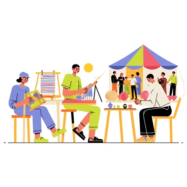 A live artist sitting at a small wooden table with a sketchpad in front of them. The artist is focused, using a pencil to draw the scene around them. Various artisans are gathered at an outdoor fair, each showcasing their crafts. To the left, a woman is weaving colorful fabric on a loom, with vibrant threads in shades of blue and red. Next to her, a man is carving intricate designs into a piece of wood, surrounded by small wooden sculptures. In the background, a colorful tent is filled with handmade pottery, and a group of people is admiring the creations. The sun is shining bright in the sky, casting soft shadows on the ground.
