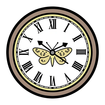 A vintage clock with ornate details, showcasing a "death's-head hawkmoth" motif prominently on its face. The clock features Roman numerals in a classic font, surrounded by intricate floral designs. The body of the clock is made of aged brass, with a polished wooden frame that has a rich, dark finish. The clock hands are slender and elegant, pointing to the current time. The "death's-head hawkmoth" is depicted with intricate patterns on its wings, contrasting against the clock's face.