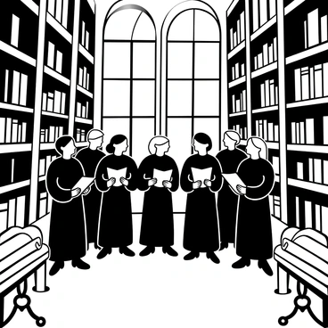 A choir of singers dressed in traditional black robes stands in the center of a grand library. Tall shelves filled with antique books rise on either side, creating an imposing atmosphere. The choir members hold sheet music in their hands as they sing together, their posture conveying harmony and unity. Light streams through large arched windows, casting intricate patterns on the polished wood floor. Ornate wooden tables with rolled-up manuscripts are scattered around the library, adding to the scholarly ambiance.