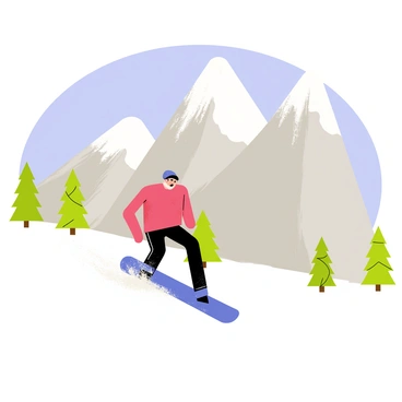 A snowboarder in a bright red jacket and black pants is carving through fresh white powder on a snowy mountain slope. The snowboarder is leaning forward with their knees bent, creating a spray of snow crystals around them. In the background, steep gray rocky mountain peaks rise against a clear blue sky. Pine trees dusted with snow are scattered along the hillside. The scene captures the dynamic movement and excitement of snowboarding in a winter landscape.
