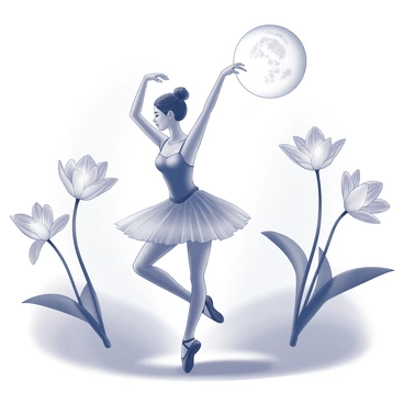 A ballerina is performing an elegant dance under a full moon. She is dressed in a delicate tutu and ballet shoes, her arms gracefully positioned above her head. The soft light of the moon illuminates her figure, casting shadows on the ground. Surrounding her are large, glowing lilies with wide petals, their light creating a magical atmosphere. The environment is tranquil, with a gentle breeze causing the petals to sway slightly. The ballerina's hair is pulled back in a neat bun, and her expression reflects concentration and serenity as she dances.