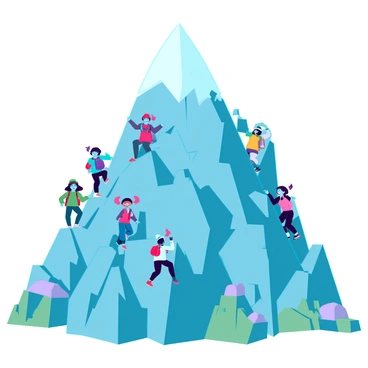 A large, towering mountain with steep, rocky cliffs and a snowy peak dominates the scene. Surrounding the mountain are numerous small cartoon characters, each unique in appearance, climbing upwards. The characters are diverse in features, representing a variety of ethnicities and styles, with some wearing colorful clothing and others sporting whimsical accessories like hats and backpacks. They have exaggerated expressions of determination and excitement as they ascend the mountain together. Some characters are reaching for the summit while others assist their friends, creating a sense of camaraderie among the group. The landscape is dotted with patches of greenery and small boulders, adding depth to the climbing adventure.