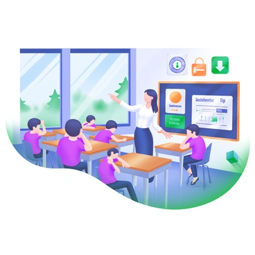 A school classroom with students demonstrating safety measures during an earthquake drill. The students are crouched under their desks, with a few placing their hands over their heads. Posters on the walls highlight emergency procedures and safety tips. A teacher stands at the front of the classroom, pointing towards an exit route. In the background, windows show trees swaying gently outside, and a seismometer graphic is displayed on a bulletin board. The atmosphere captures the seriousness of the drill while maintaining a calm and organized environment.