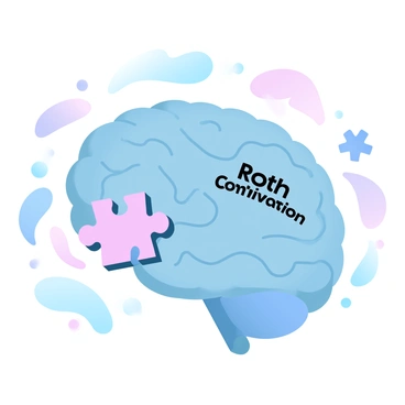 A large brain-shaped puzzle is displayed on a flat surface. The puzzle features various pieces, each brightly colored in gradient pastel shades. One puzzle piece, prominently labeled "Roth Conversion," is being carefully inserted into an empty space within the brain. Surrounding the puzzle are a few other labeled pieces, including "Traditional IRA" and "Tax Benefits," each distinct in color and design. The background is a soft pastel gradient that enhances the visual of the puzzle.