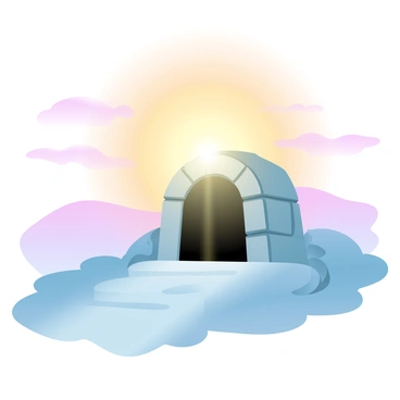 An empty tomb is set beneath a brilliant sunrise, casting a warm, golden light across the scene. The entrance to the tomb is dark, contrasting with the bright rays of sunlight that spill inside. Soft, gradient pastel colors fill the sky, blending from deep orange to soft pink above the horizon. The surrounding landscape is dotted with gentle hills, shrouded in morning mist, enhancing the serene atmosphere. The ground is uneven and rocky, leading up to the archway of the tomb, which is made of weathered stone.