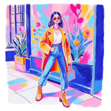 A stylish fashion influencer is posing confidently in an urban setting. She is wearing a trendy outfit that includes a chic oversized blazer, high-waisted tailored pants, and fashionable ankle boots. Her accessories feature statement earrings and a designer handbag. Behind her, a colorful mural covers the wall, displaying a vibrant array of geometric shapes and floral patterns. The scene captures the dynamic energy of the city environment.