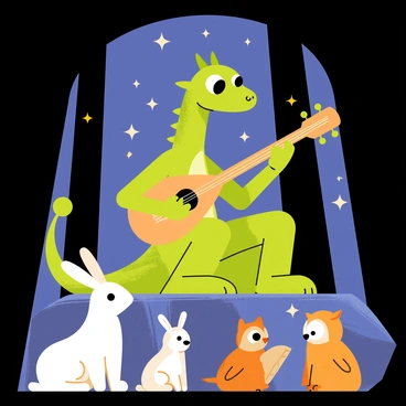 A green drake with shimmering scales sits on a moss-covered rock, playing a wooden lute. The drake has large, expressive eyes and small, curved horns on its head. Around the drake, a gathering of woodland creatures, including a fluffy white rabbit, a curious squirrel, and a wise old owl, sit listening intently. The night sky above is filled with twinkling stars, casting a soft glow over the scene. Tiny fireflies dance around, adding a magical atmosphere to the gathering. The backdrop features tall, dark trees that frame the scene, creating a cozy woodland setting.