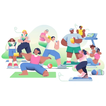 A lively outdoor gym scene features a diverse group of people exercising together. In the center, a young woman with short black hair is performing a yoga pose on a green mat. Nearby, an elderly man with gray hair is lifting dumbbells, demonstrating strength. A middle-aged woman with curly brown hair is jogging on a treadmill, her face focused. To the side, a group of children are playing with a jump rope, laughing together. Various fitness equipment, such as weights and resistance bands, are anchored around the gym area. Bright sunlight illuminates the scene, highlighting the vibrant colors of the gym equipment and the park surroundings.