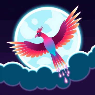 A phoenix with vibrant red and orange feathers is flying across a large, luminous full moon. Its wings are fully spread wide, showcasing intricate feather details that shimmer in the moonlight. Below the phoenix, dark clouds move gently, contrasting with the bright moon and the fiery colors of the bird. The scene captures the moment as the phoenix glides gracefully, leaving a trail of sparks and embers in the night sky.