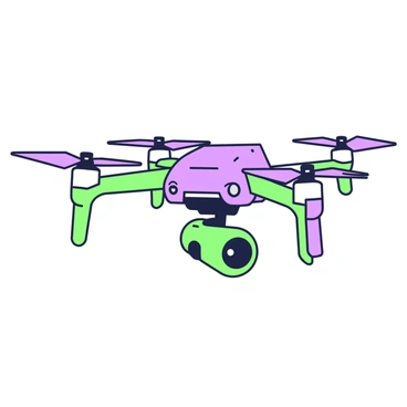 A drone is hovering in the air with its propellers spinning. The drone features a sleek, compact body with four arms extending outward, each equipped with a rotor. Attached to the bottom of the drone is a detachable camera. The camera is connected to the drone by a visible locking mechanism that showcases how it securely attaches and detaches. The drone is positioned against a plain background, allowing the focus to remain on its design and the connecting mechanism of the camera.