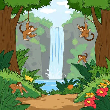 A lush Amazon jungle scene filled with vibrant greenery and exotic plants of various shapes and sizes. In the background, a tall and majestic waterfall cascades down rocky cliffs, creating a misty spray at its base. Several playful monkeys are seen swinging from the thick branches of the towering trees, their playful expressions visible as they leap from vine to vine. Brightly colored flowers, such as red and yellow orchids, bloom among the foliage, adding splashes of color to the green surroundings. The jungle floor is covered with rich brown soil, dotted with ferns and small bushes. Sunlight filters through the canopy, casting playful shadows on the ground.