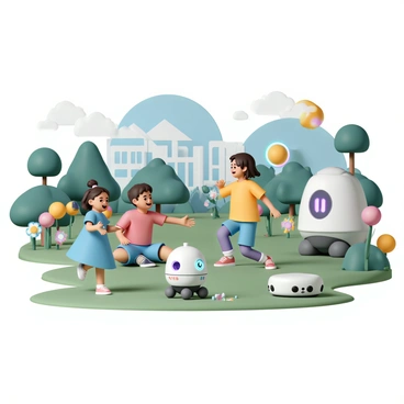 Three children are playing in a vibrant city park with friendly robots. One child, a girl wearing a blue dress with pink sneakers, is laughing as she runs towards a small, round robot that has a smiling face and three legs. Another child, a boy dressed in a red t-shirt and denim shorts, is sitting on the grass, interacting with a larger robot that has extendable arms and colorful lights. The third child, a girl in a yellow t-shirt and purple leggings, is joyfully playing catch with a robot that has a spherical body and glowing accents. The park is filled with lush greenery, colorful flowers, and futuristic playground equipment, creating a lively atmosphere. The robots are designed with a sleek, rounded aesthetic, exuding friendliness and charm.