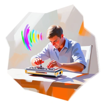 A glass harmonica sits prominently on a wooden table, its crystal surfaces reflecting light. The musician, a middle-aged man with short brown hair and wearing a casual blue shirt, is leaning forward with focused energy as he plays. Colorful sound waves in vibrant hues of blue, green, and red swirl and radiate outward from the instrument, creating a dynamic visual display. The background is softly blurred, emphasizing the musician and the glass harmonica, while the sound waves appear to dance in the air around him.